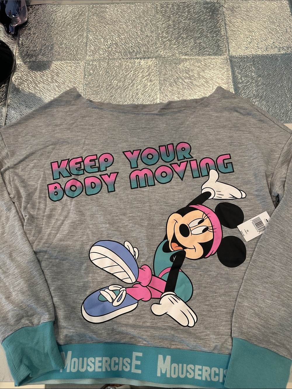Disney Gray Sweatshirt with Teal & Pink Minnie Mouse Graphic NWT